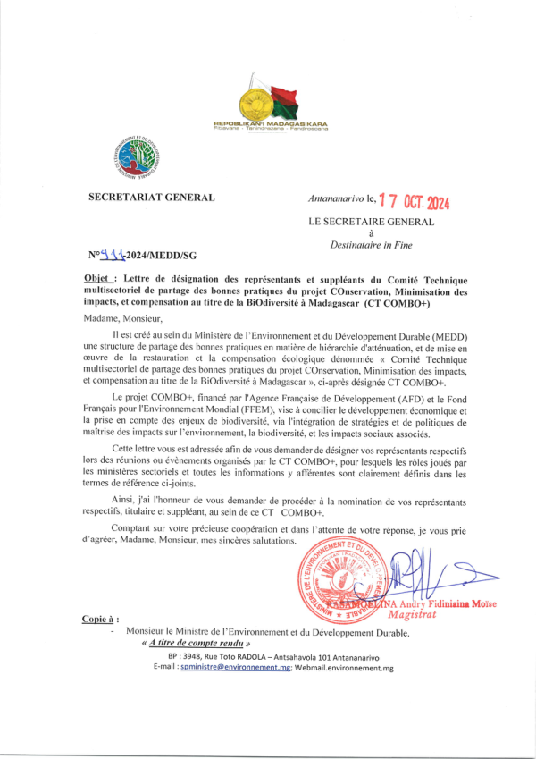 Lettre de nomination pour le Comité HALAZA à Madagascar
